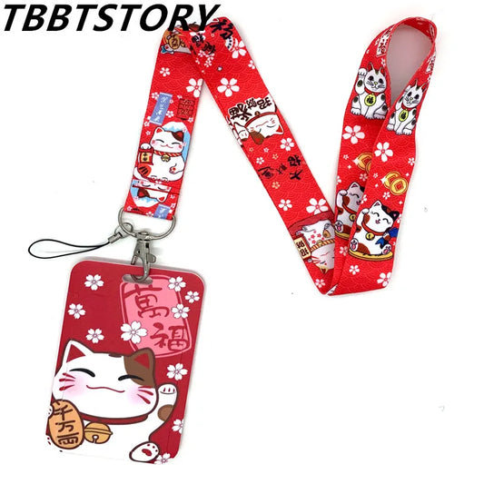 Cute Cartoon Lucky Wealth Waving Cat Key Chain Lanyard for Keys ID Badge Holder Bus Pass Case Cover Slip Bank Credit Card Holder