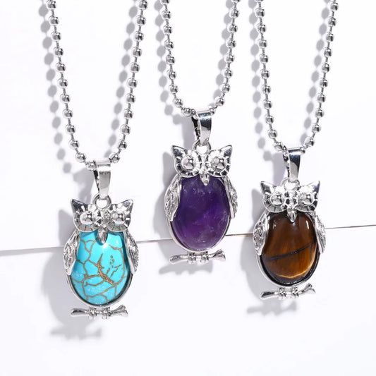 Healing Crystal Stone Owl Necklaces Reiki Quartz Necklaces for Women Men Nature Stone Jewelry Gifts Nkeb660