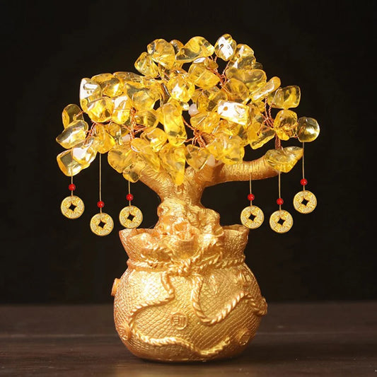 Lucky Tree Wealth Yellow Crystal Natural Money Ornaments Bonsai Style Luck Feng Shui Craft