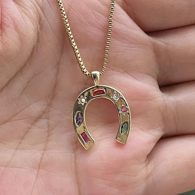 Gold Plated Stainless Steel U Shaped Multi-Color Crystal Necklace Horseshoe Pendant Necklaces for Women Waterproof Jewelry Gift